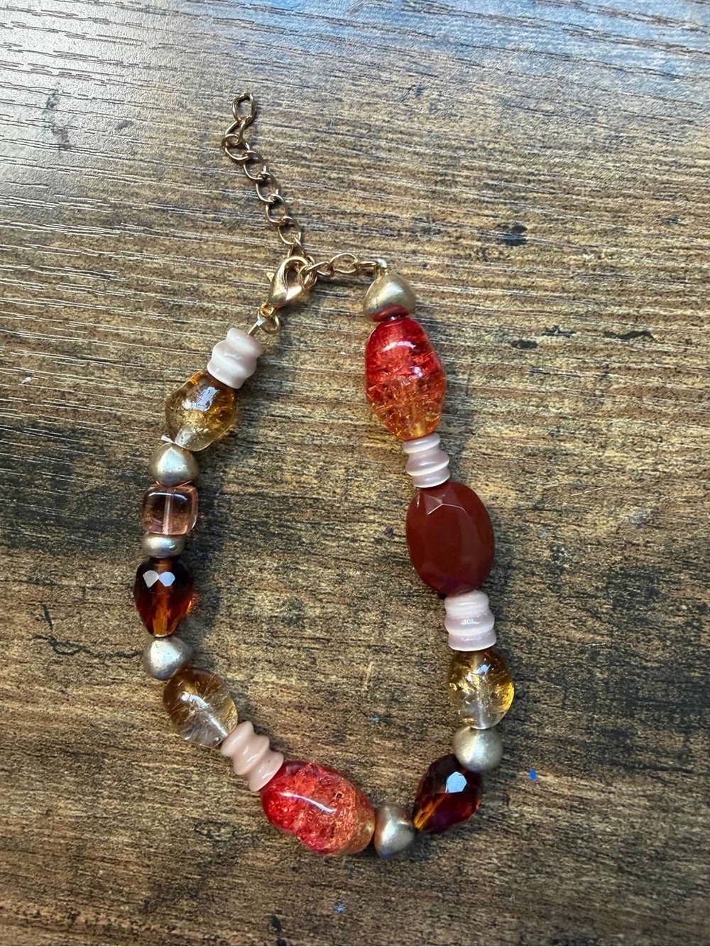 Handmade Amber Red Blush Glass Beaded Bracelet Gold Tone Adjustable